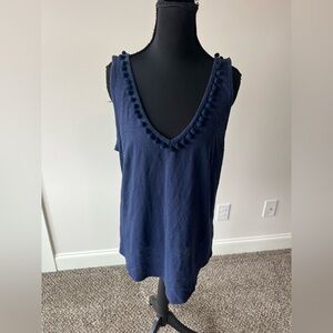 Lilly Pulitzer Gigi Tank Top in Navy Blue L with Pom-Pom Trim